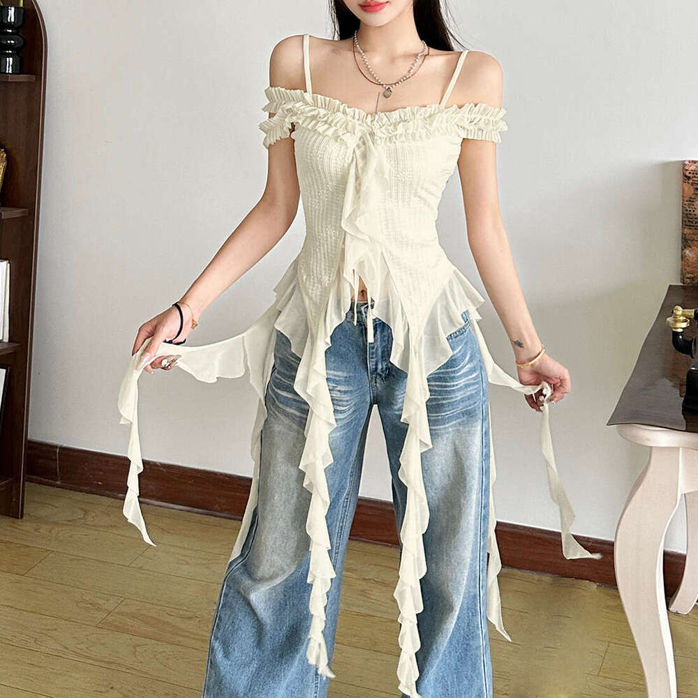 2025 Summer New Solid Color Street Fashion Irregular Ribbon Slim Fit Elegant Versatile Women's Top b63