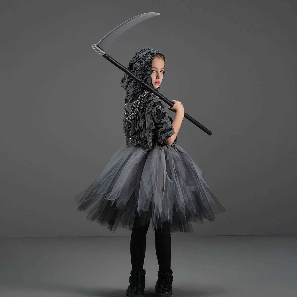Halloween Death Dress Up Costume With Hoodies Girls Evil Role Playing Tulle Tutu Kids Carnival Par Fancy Sickle Chain Clothes Z250725