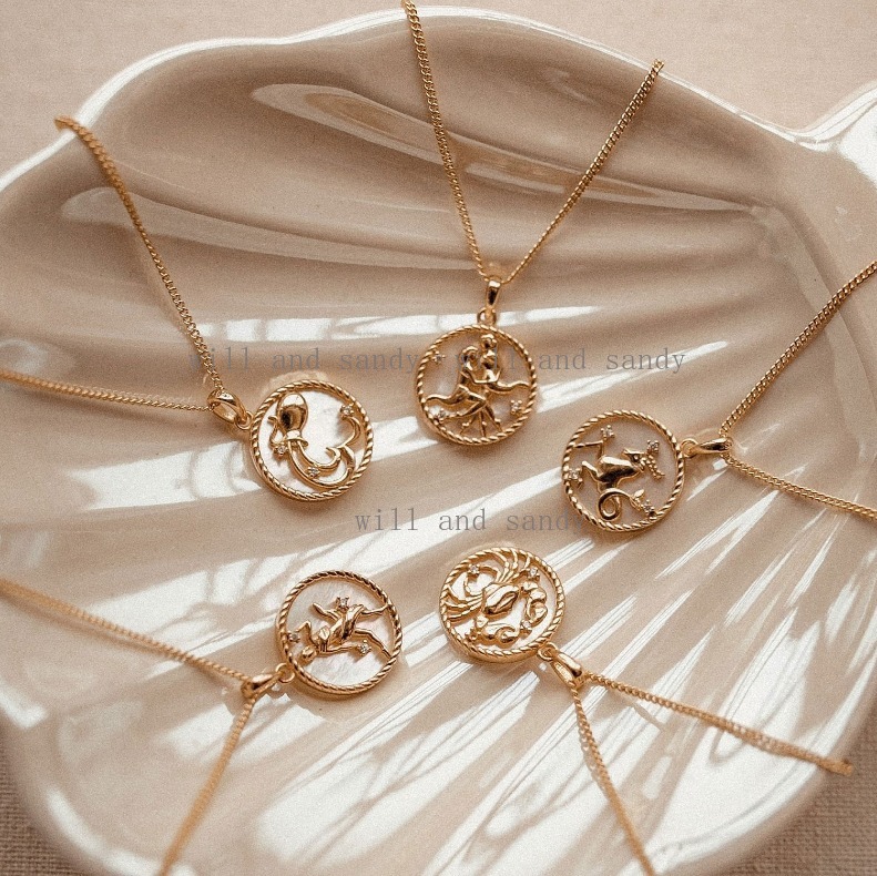 18k Gold Zodiac Sign Necklace Gold Chain Designer Jewelry Cubic Zircon Waterproof Stainless Steel Horoscope Sign Coin Charm Necklaces for Woman Gift F