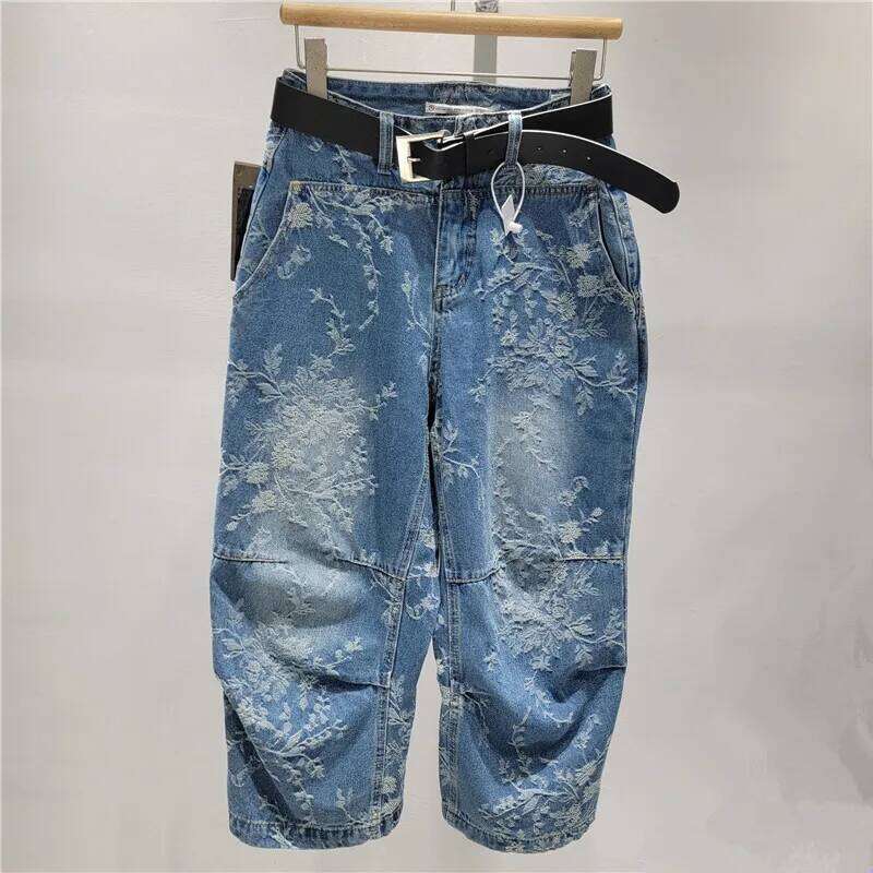 Women Short Jeans Jacquard Thin Style High Waist Straight Wide Leg Denim Calf-Length Pants 2025 New Fashion Summer 29A1826