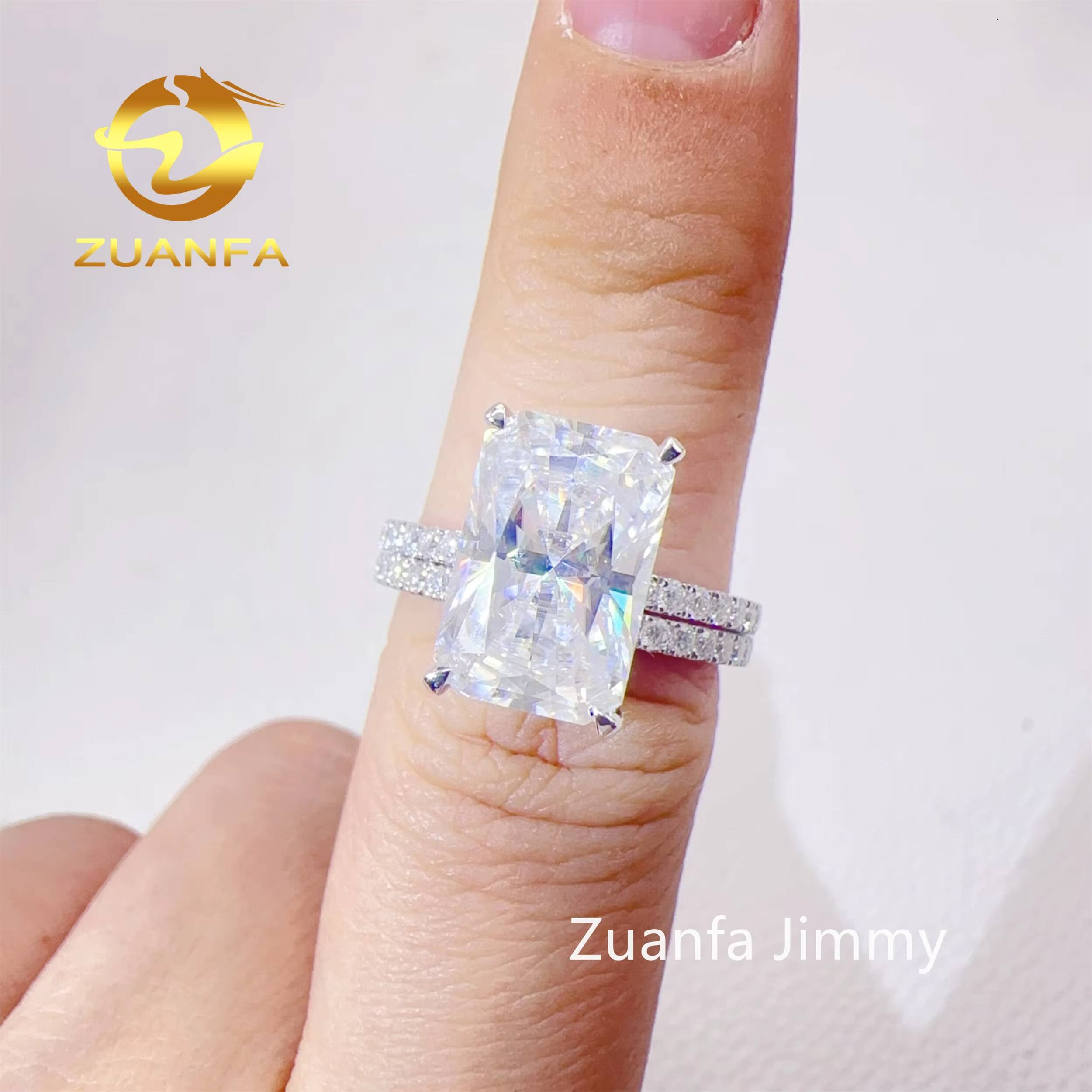 Custom Elegant Bridal Jewelry 10k 14k Solid White Gold 5CT Crushed Radiant Moissanite Diamond Engagement Band Ring Set