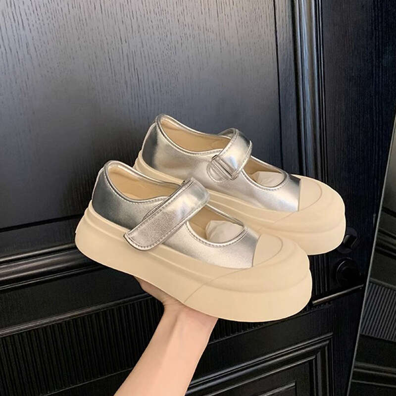 Designer Autumn New Thick-Soled for Women French Style Height Increasing Velcro Mary Jane Shallow Mouth Silver Single Shoes