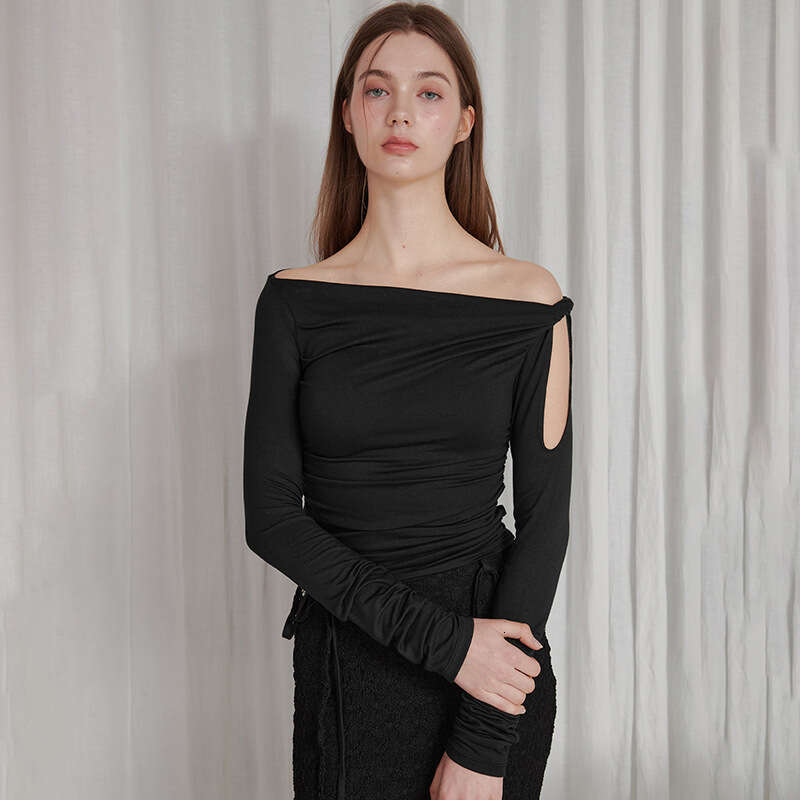 Ytp447 Women's Autumn New Solid Color Asymmetrical Neck Single Shoulder Sexy Tie Long Sleeve Top B5