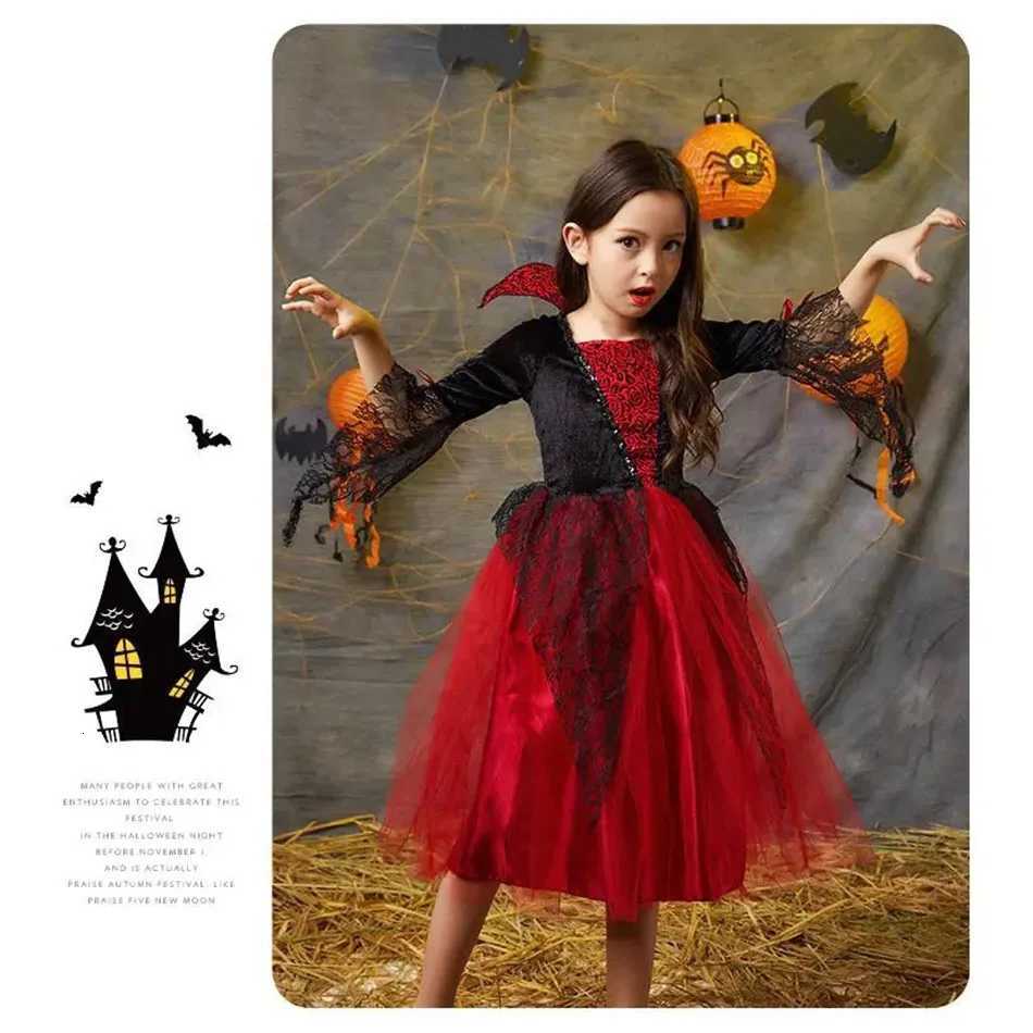 Vampire Costume for Girls Halloween Princess Par Dress Kids Cosplay Dresses Children Stand Collar Tulle Lace Black Red Clothes Z250725