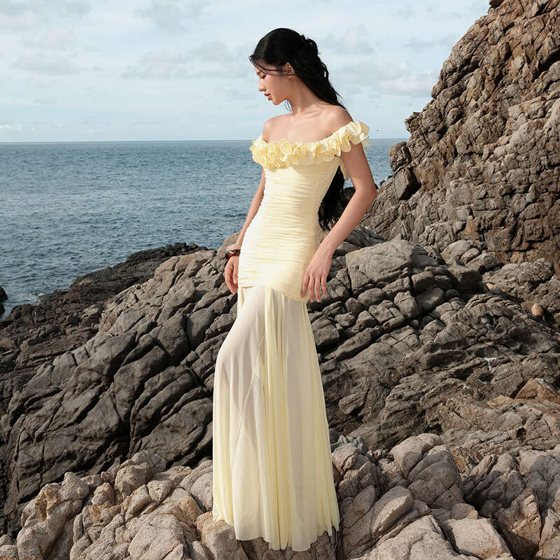 2025 Summer New Mesh Off-Shoulder Waist-Cinching Sleeveless Dress Slim Fit Elegant Midi Skirt for Women cd4