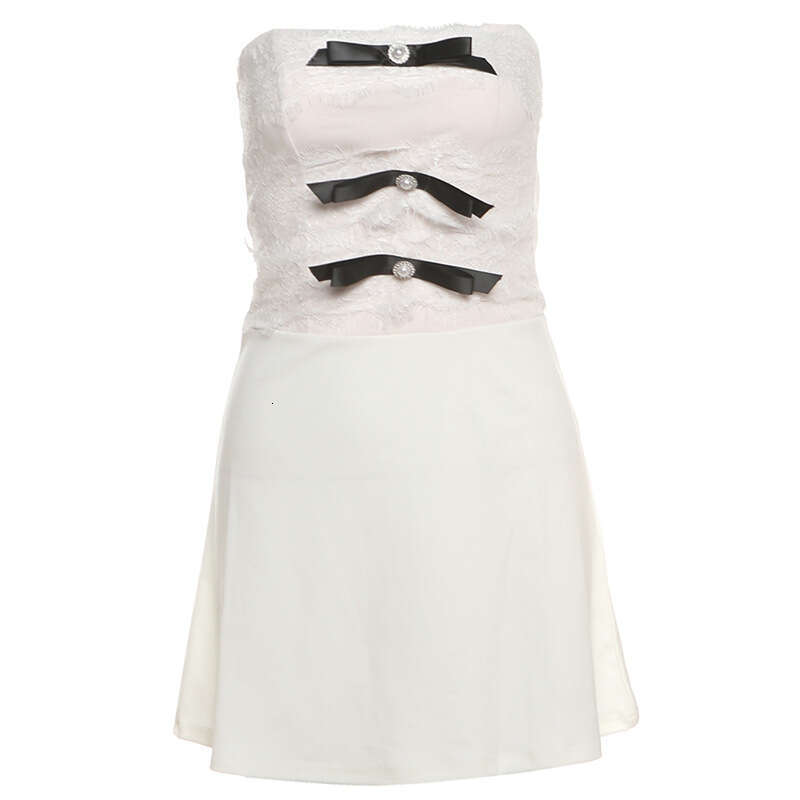 2025 Summer Ins Style Sleeveless Backless Patchwork Bow Lace Tank Top Slim Dress 16f