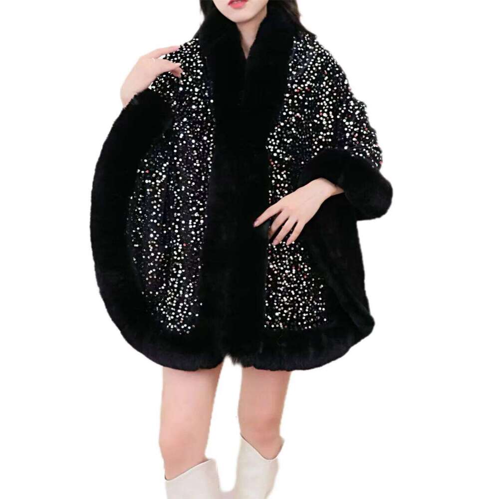 Designer Clothing 2025 12 Colors Women Long Faux Rabbit Fur Sequin Fabric Cape Winter Poncho Warm Thick Loose Shawl Outer Wear Wedding Party Wraps