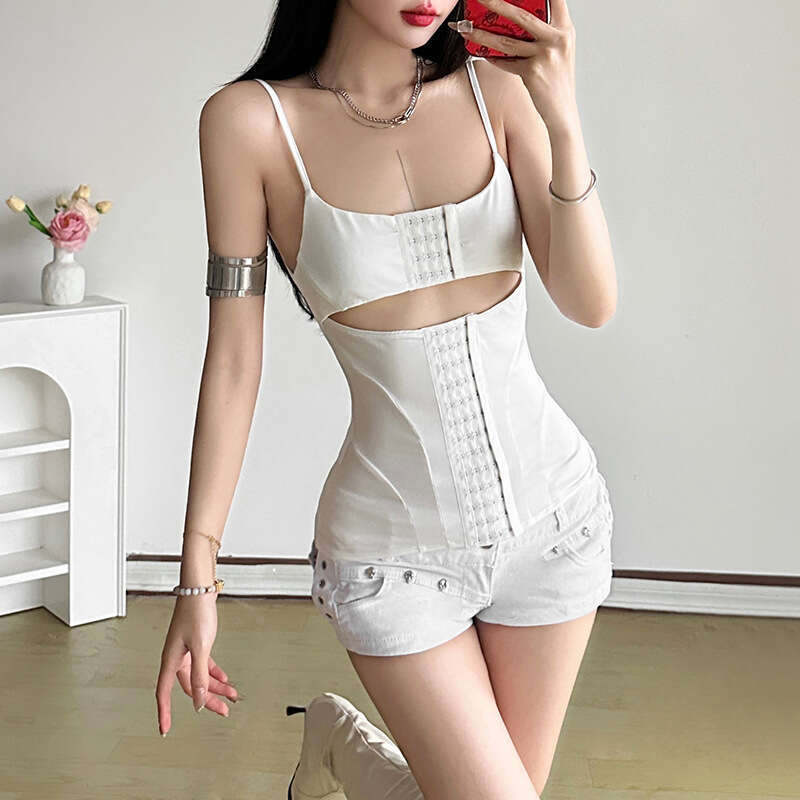 2025 Women's Summer New Solid Color Sexy Strap Hollow Waist Slim Vest for Women 07a