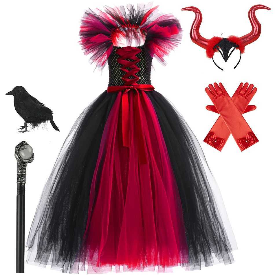 Girl Witch Dress Halloween Evil Role Playing Costume Knitted Tulle Tutu Ruffles Carnival Princess Theme Par Frocks 2023 New Z250725