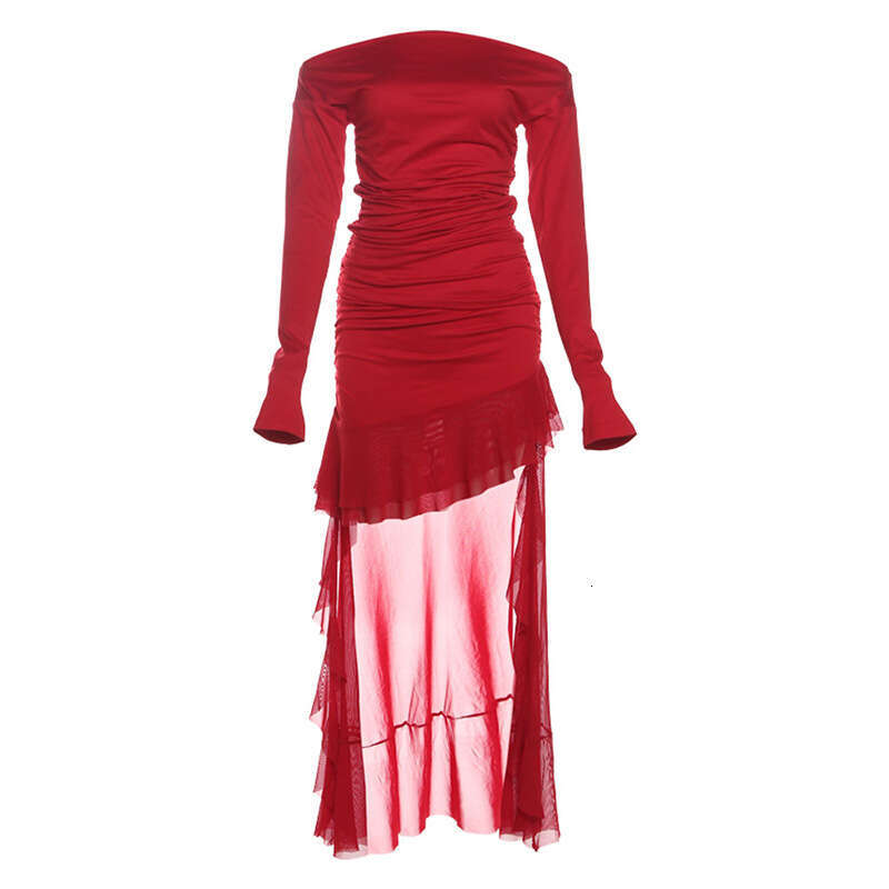 2024 Autumn Winter New Women's Solid Color Slim High Waist Fashion Off-Shoulder Long Sleeve Dress a27