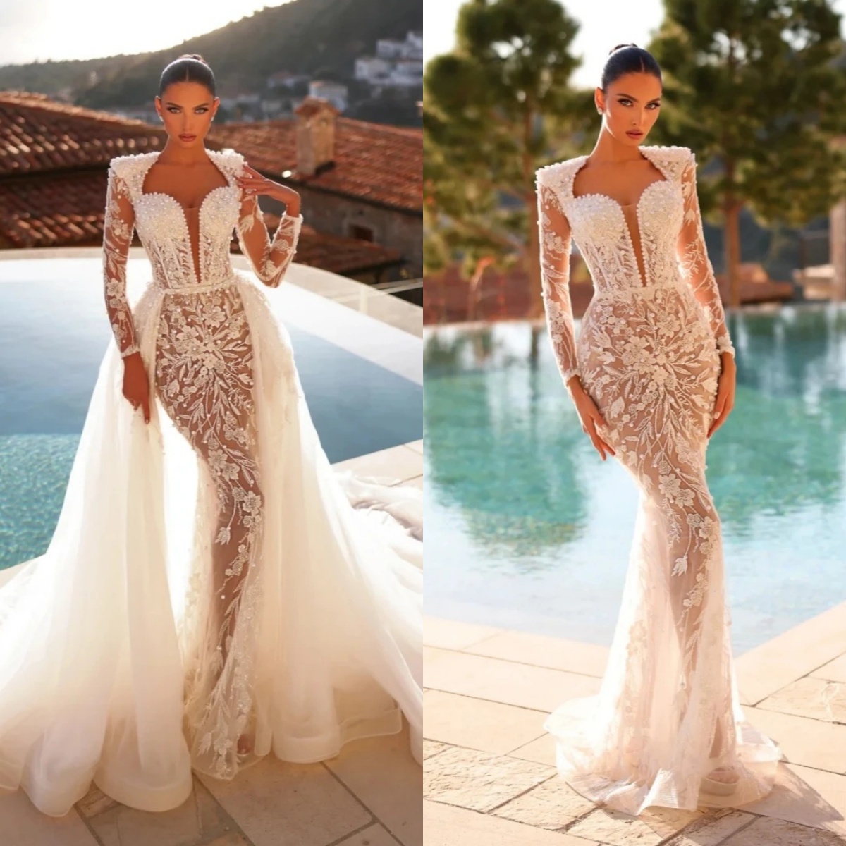 Fashion Appliques Wedding Dresses Pearls Bridal Gowns with Overskirt V Neck Long Sleeves Mermaid Customized Vestidos De Novia Plus Size