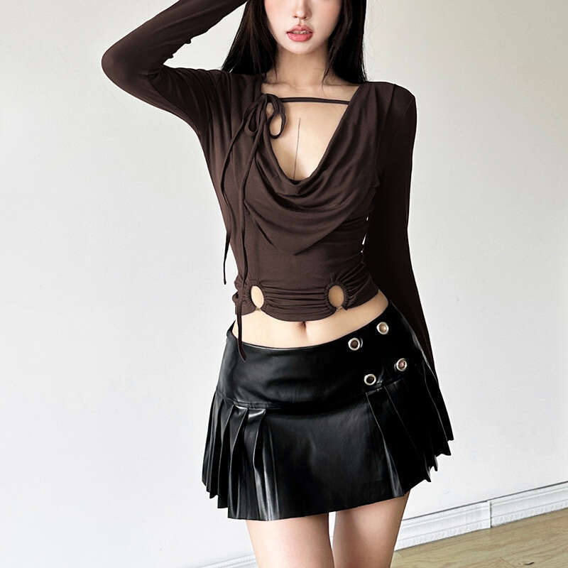 2024 Autumn New Women's Solid Color Slim V-neck Top Fashion High-waisted Pleated Skirt 4de