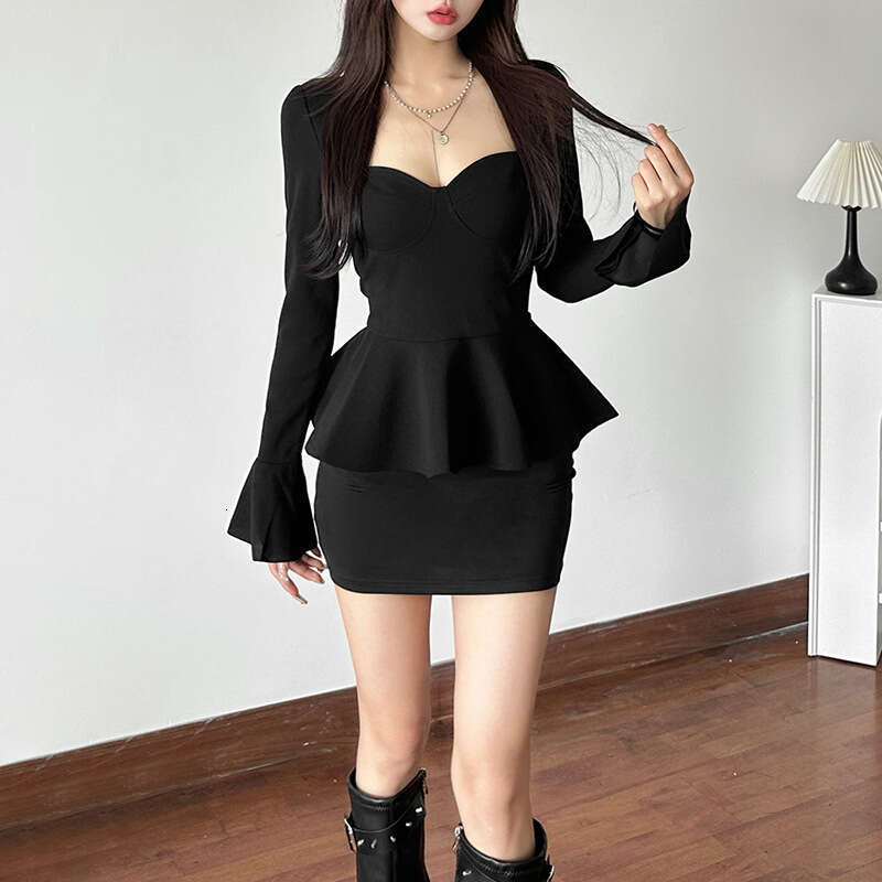Women's Clothing 2024 Autumn Winter New Street Style Solid Color Sexy Long Sleeve U-Neck Slim Fit Top for Women dc7