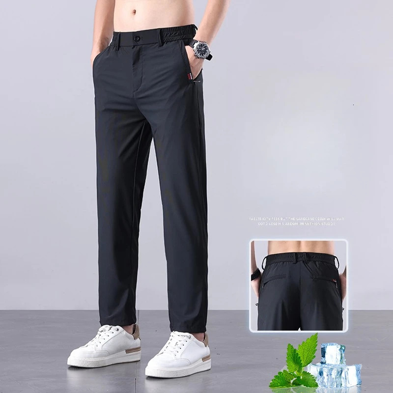 Summer Mens Ice Silk Pants Korean Y2K All Match Elastic Sweatpants Office Business Casual Fashion Straight Suit Trousers 250725