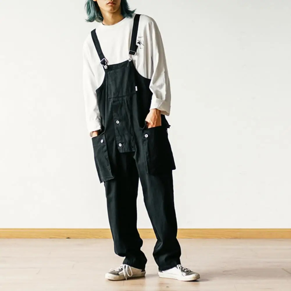 Men Jumpsuit Stylish Big Pockets Cargo Work Pants Hip Hop Sleeveless Retro Male Clothes 250725