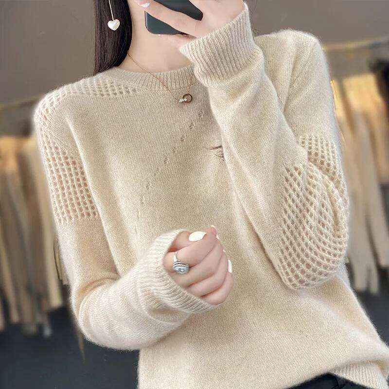 Autumn/Winter New 100% Pure Wool Sweater Casual Solid Color Knit Blouse Round Neck Hollow Tops Loose Fashion Ladies Pullover MDNG