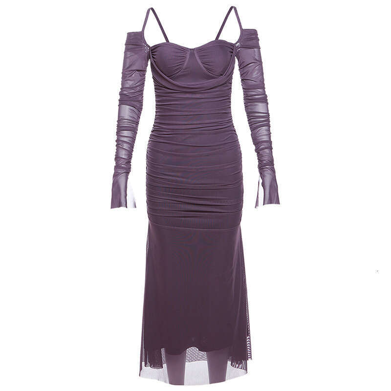 2023 Autumn Winter New Fashion Sexy Solid Color Sleeve Strap Long Dress eb3