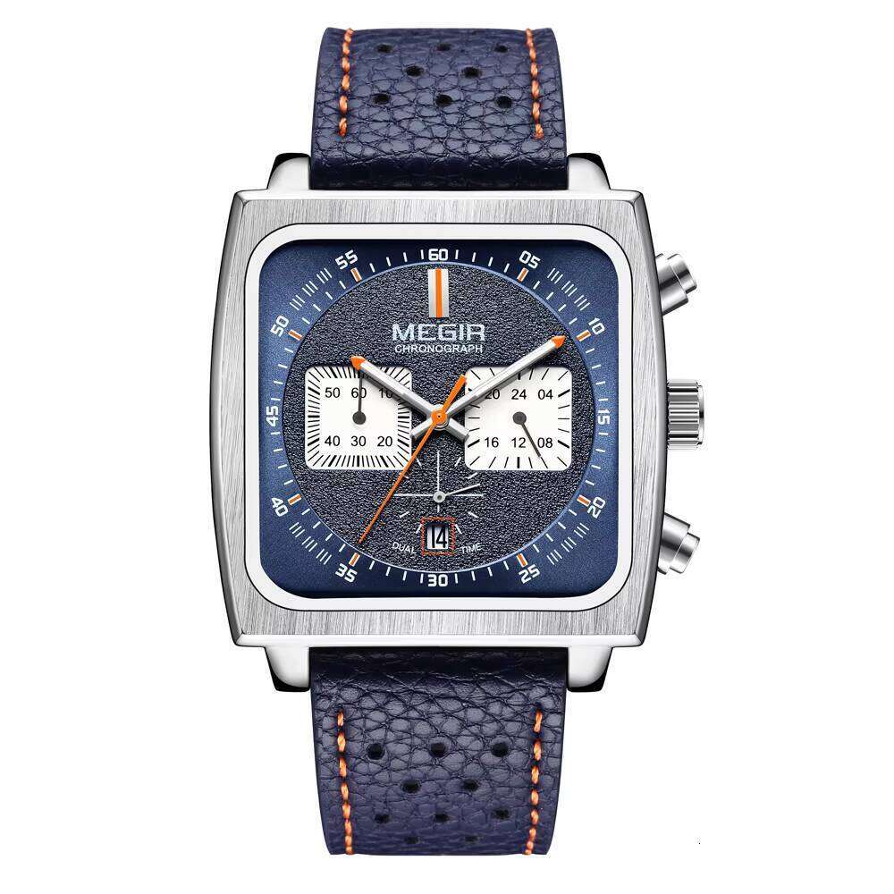 DHgargets MEGIR Men's Square Chronograph Watch - Leather Strap, Luminous, 30M Waterproof, Business Quartz Wristwatch