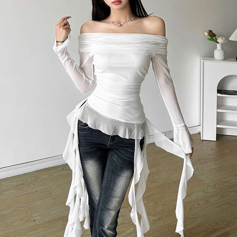 2024 Autumn New Women's Solid Color Slim Fit Street Fashion Off-Shoulder Long Sleeve Backless Top c3d