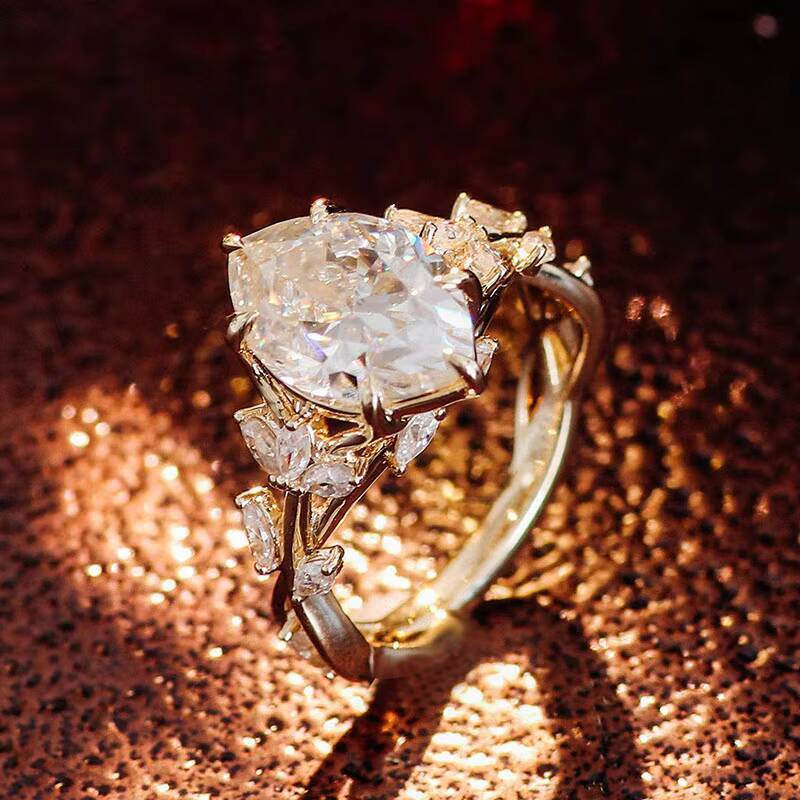 Moissanite Jewelry 10k Promise Ring With Fat Marquise Rose Cut Diamond Engagement Ring Leaves Band for Women