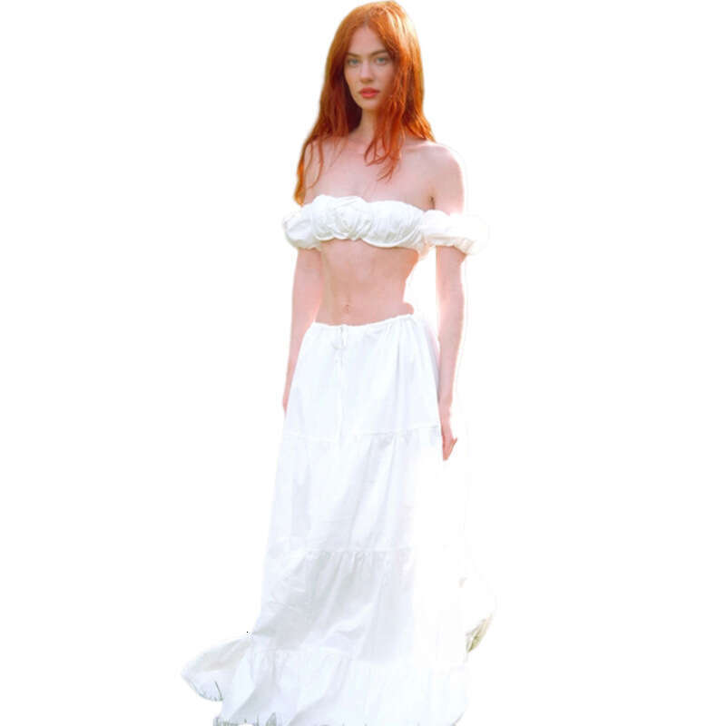 2025Ins Summer New Beach Vacation Strapless Crop Top White Skirt for Women 925