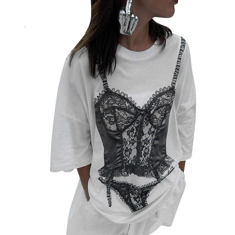 Y23tp318 Women's Summer New Color-Block Lace Bra Printed Round Neck Short Sleeve Loose Top T-Shirt B5