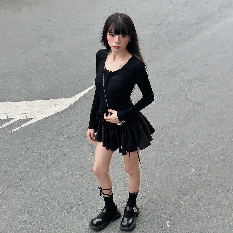 2024 Autumn New Women's Solid Color Slim High Waist Street Fashion Round Neck Long Sleeve Dress 151