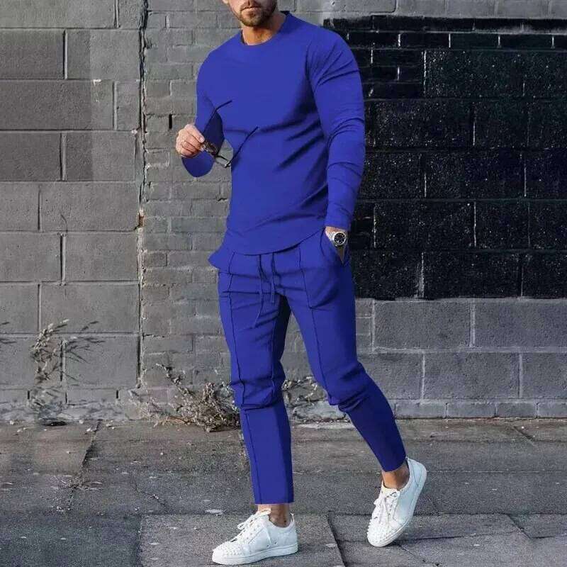 Solid color Men's Suit Sleeve T-shirt Long Pants 2 Pieces Set Tracksuit Casual Male Streetwear Oversize Clothing Sweatshirt