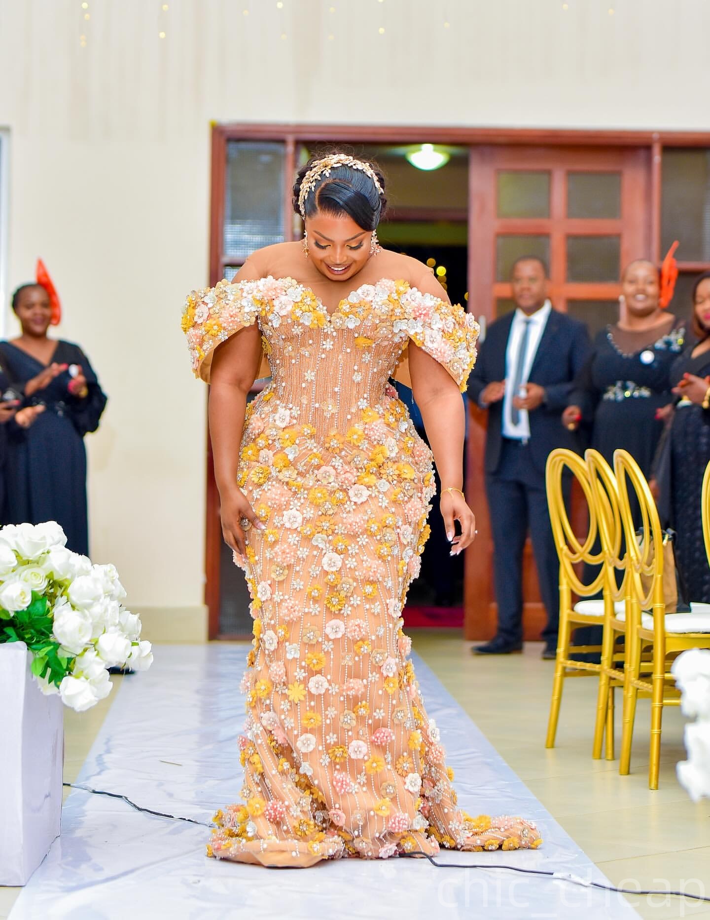 Mermaid Champagne Prom Dresses 2025 Illusion Flowers Crystals Beaded Evening Formal Party Second Birthday Engagement Gowns Plus Size Dress For Special