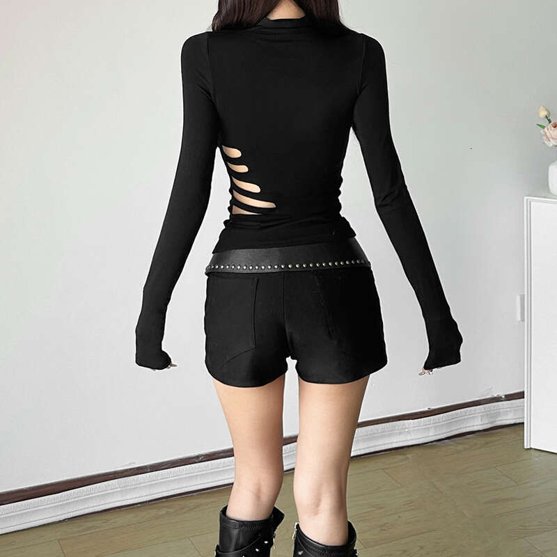 2024 Autumn New Women's Fashion Solid Color Slim Street Style Round Neck Long Sleeve Hollow Out Top e72