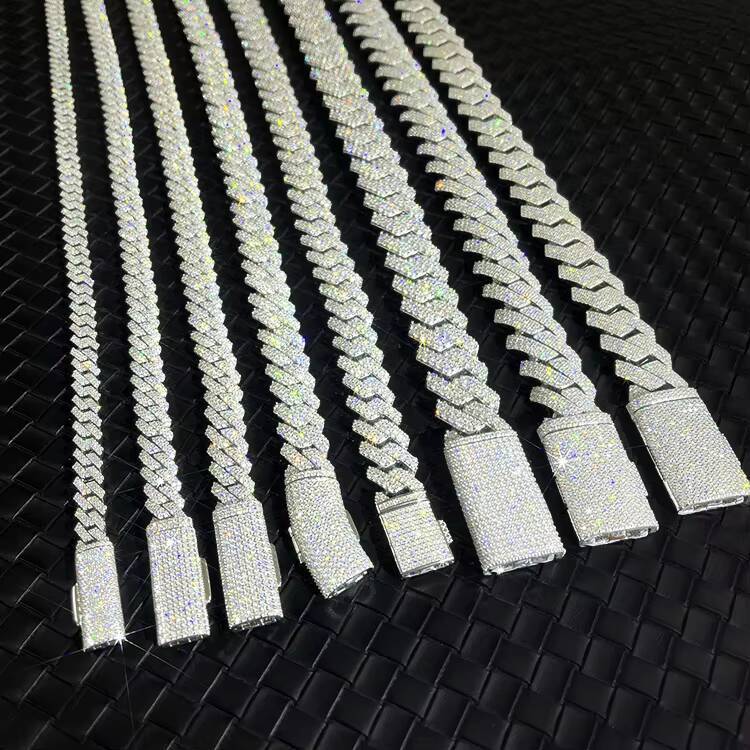 RTS 100% Passed Diamond Test Hot Popular Cuban Link Chain 2rows 8mm to 15mm VVS Moissanite S925 Silver Cuban Hip Hop Necklace