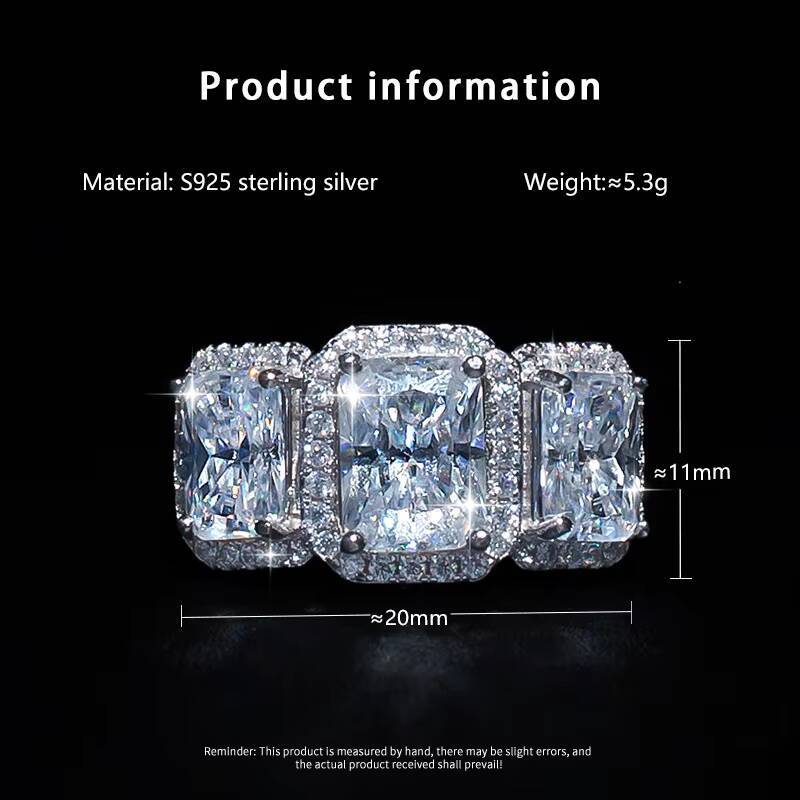 Wholesale Luxury S925 Sterling Silver Emerald Cut Three Moissanite Diamond Ring Jewelry for Women Wedding Engagement