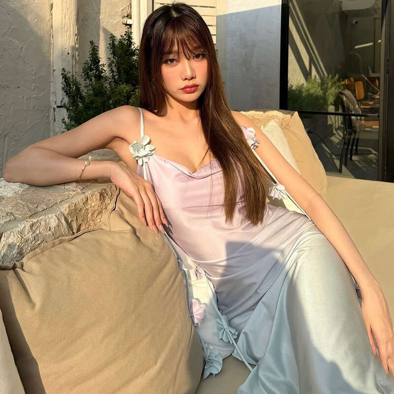 2025 Spring New Women's Solid Color Slim High Waist Fashion Strap Sleeveless Split Dress 314