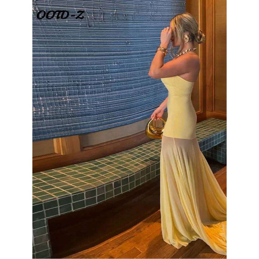 Designer Clothing 2025 Solid Chiffon Tube Top Patchwork Extra Long Floor Length Women Dress Slim Yellow Perspective Robe Summer Beach Holiday Dresses