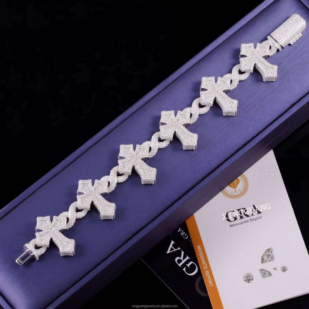 XG Iced Out Cross Cuban Sier Plated Gold Fine Jewelry Vvs Moissanite Dia Bracelets for Men/Women