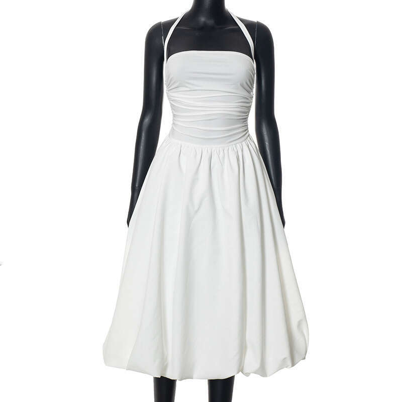 Yds335 Women's Summer New Halter Neck Backless Sleeveless Gathered Patchwork Dress B5