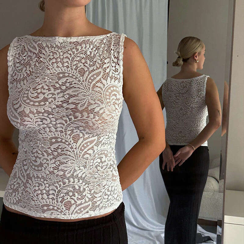 Y23tp743 Women's Spring New Casual Round Neck Pullover Slim Fit Patchwork Solid Color Lace Vest Top B5