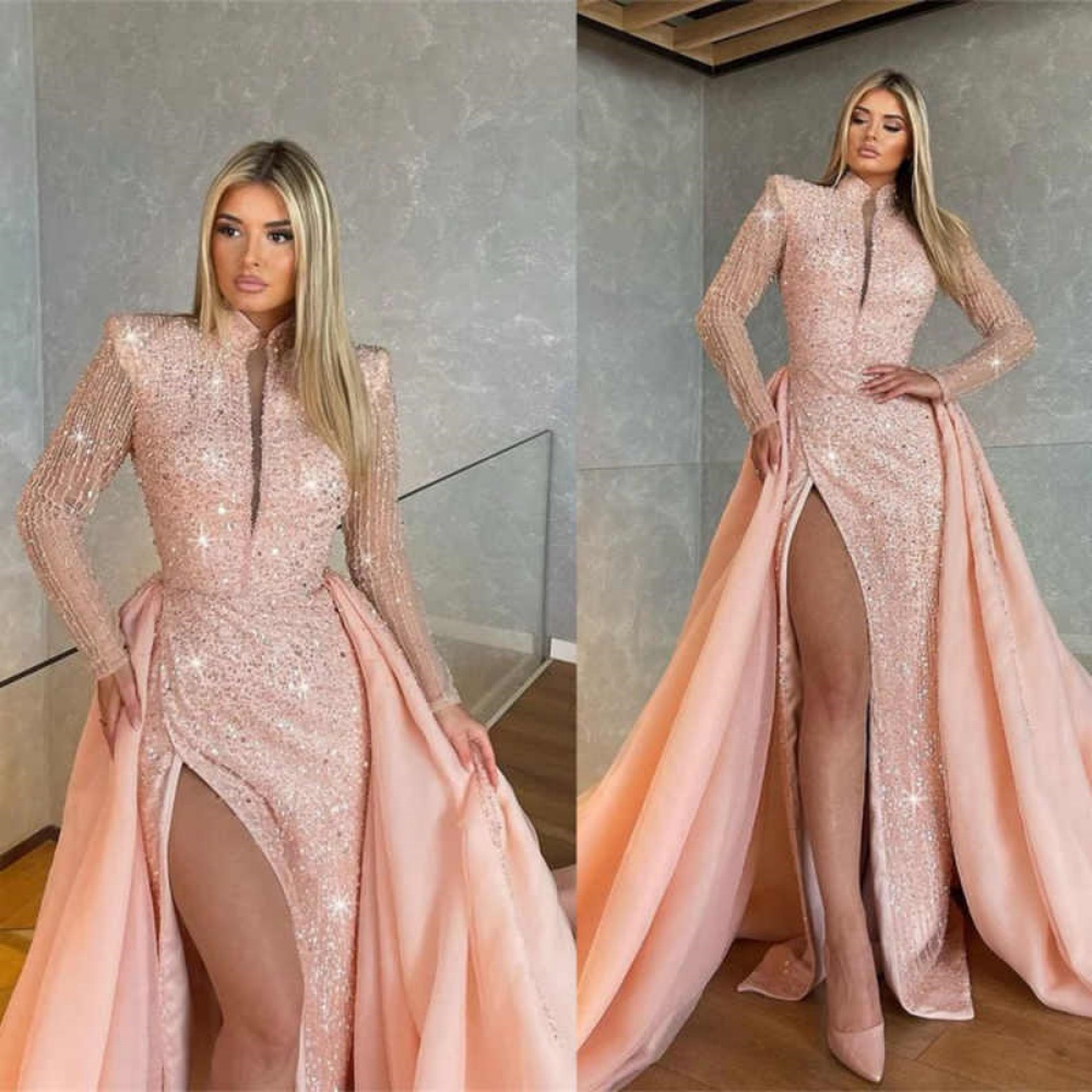 Blush Pink Mermaid Prom Dress With Detachable Train Sequined Beads Crystals High Neck Long Sleeve Evening Formal Party Birthday Customized
