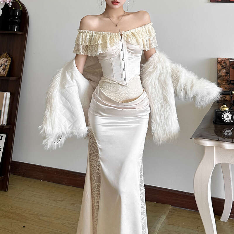 2024 Autumn New Women's Solid Color Off-Shoulder Short Sleeve Top Fashion High Waist Skirt 8d1