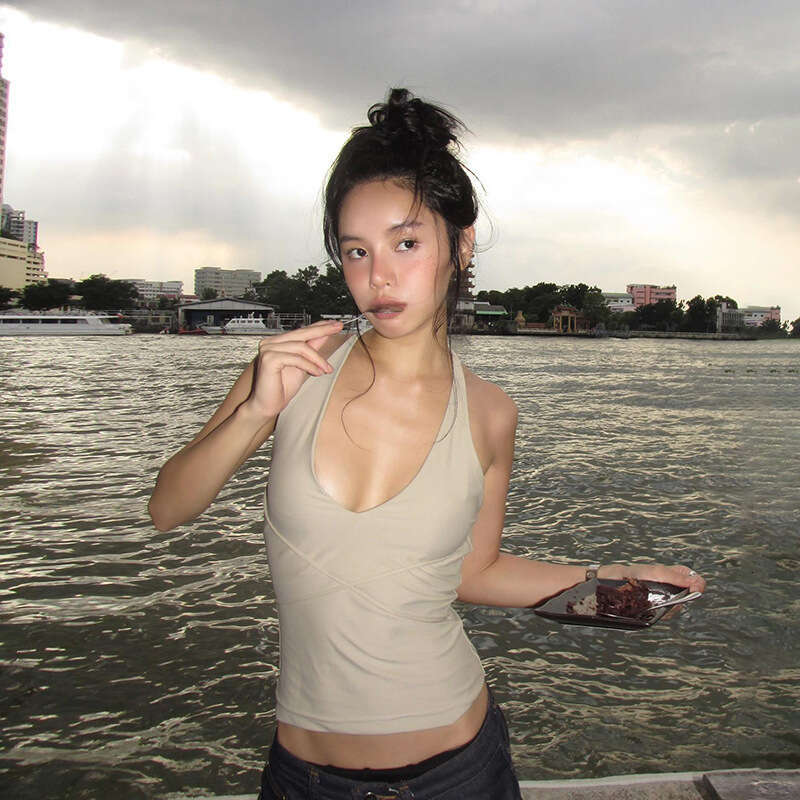 2024 Summer New Women's Solid Color Sexy Fashion Halter Neck Crop Top Vest 880