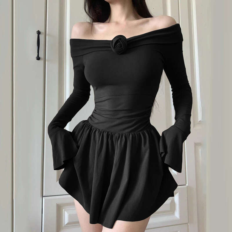 2023 Autumn New Women's Solid Color Slim High Waist Fashion Off-Shoulder Long Sleeve Dress 538
