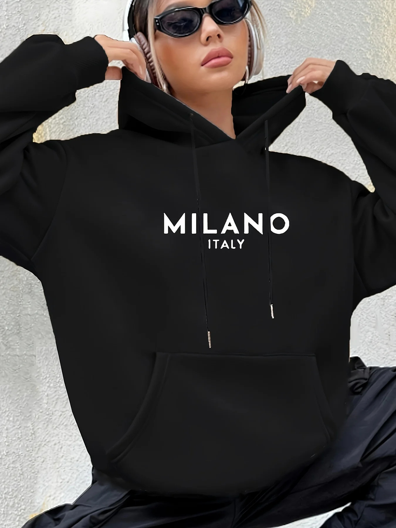 Milano Italy Polyester Hoodie for Women Alphabet Print Casual Long Sleeve Sweatshirt with Pocket Fashionable Hooded 250725