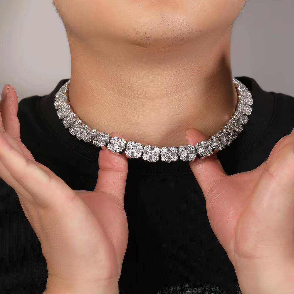 New 12mm Classic Square Design Tennis Chain Baguette Bling Ice Out Tennis Chain Micro Pave Cz Tennis Link Chain Necklace Jewelry