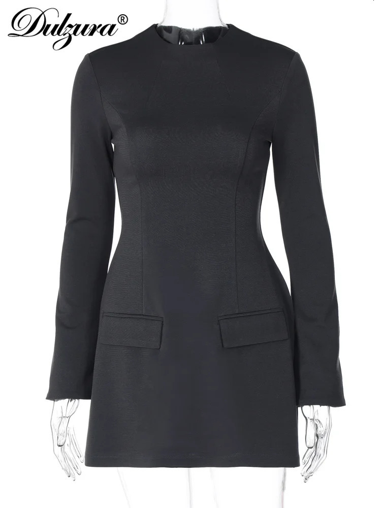 Dulzura Long Sleeves Zipper Bodycon Mini Dress With Pocket Solid Elegant Outfit Office Streetwear WomenS Autumn Winter Clothes 250717