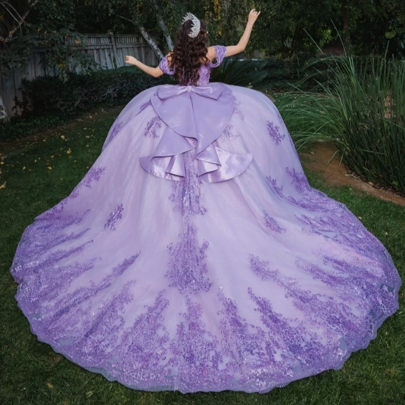 Lavender Quinceanera Dresses Off Shoulder Ball Gown Sweet 16 Dress Sequin Applique Lace Bow Pearl Tull Birthday Party Vestidos 15 Anos