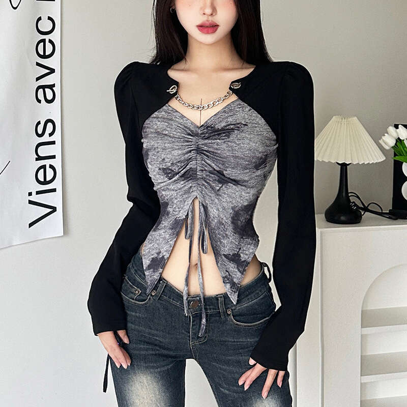 2023 Autumn Winter New Women's Street Fashion Slim Fit Long Sleeve Crop Top T-Shirt 4e2