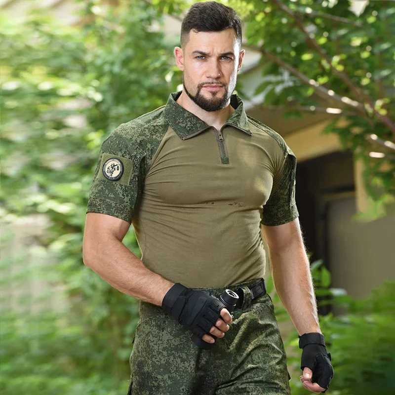 Mens Short Sleeve Softair Tactical Shirt for Men Combat Shirt Zipper Cotton Hiking CP Camoufalge Airsoft T Shirts Climbing Tee Y250724