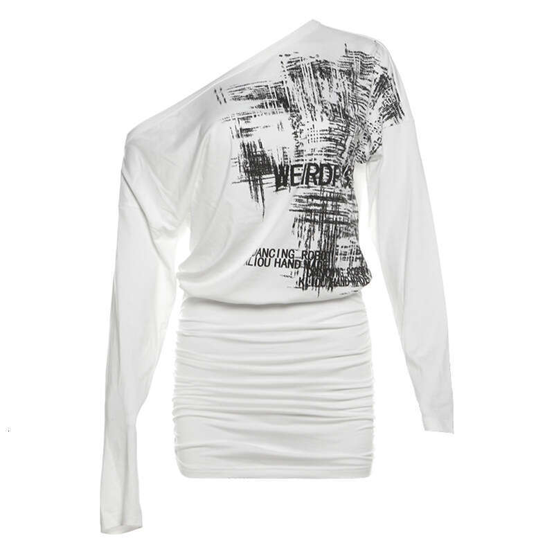 2024 Autumn New Women's Solid Color Slim Street Style Fashion Asymmetrical Neck Long Sleeve Printed Dress dd9