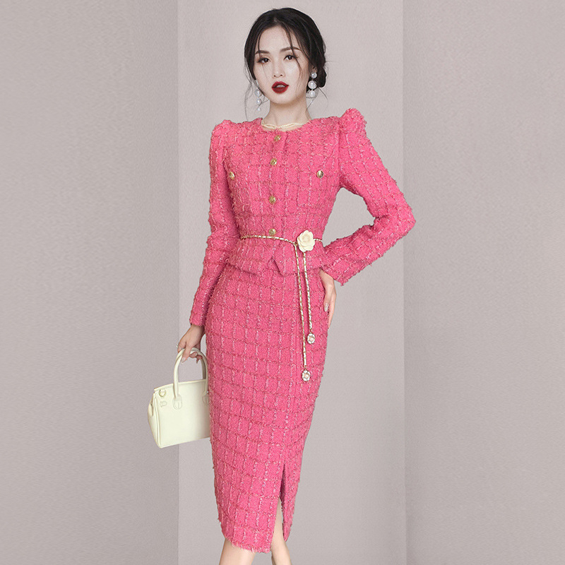 Womens Two Piece Dress Sets With Cinched-Waist Jacket and Mid-Length Body-Hugging Skirt for Women