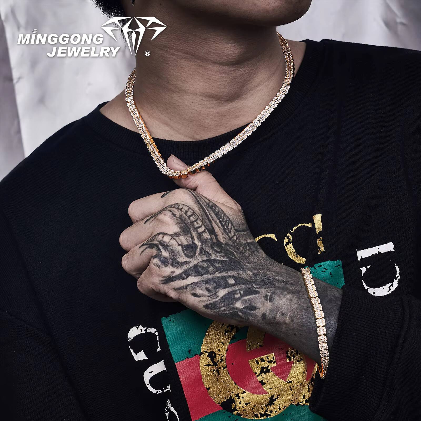 High Quality Unique Yellow Gold Finish 6MM Baguette Tennis Chain Necklace Men Womens Hip-hop Style for Men Moissanite Necklaces